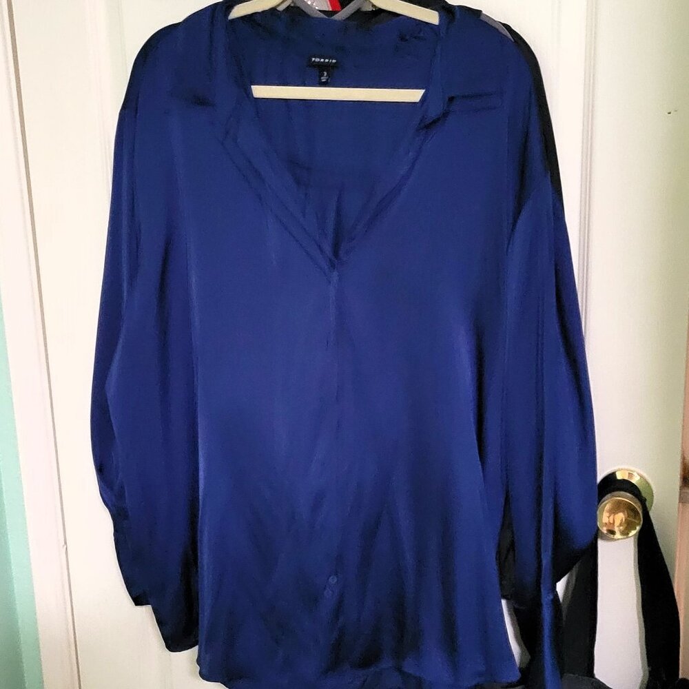 Navy Satin Button Up Blouse